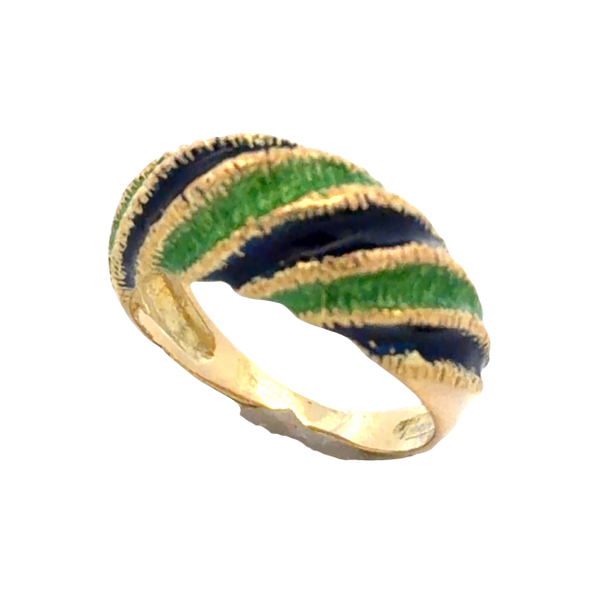 Estate 18K Yellow Gold Green & Blue Enamel Shrimp Ring | Vintage Designer Style Classic Creations In Diamonds & Gold Venice, FL
