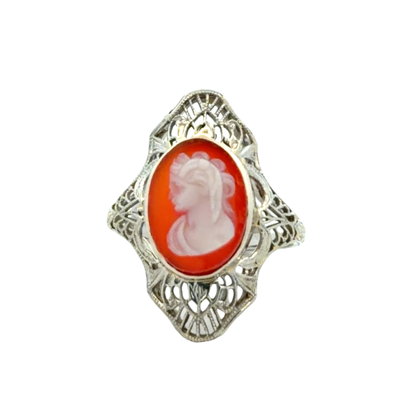 Antique 1920s 18K White Gold Filigree Cameo Ring Classic Creations In Diamonds & Gold Venice, FL