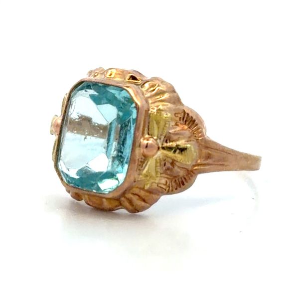 Antique 1930s 10K Yellow Gold Synthetic Aquamarine Filigree Ring Image 2 Classic Creations In Diamonds & Gold Venice, FL