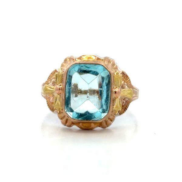 Antique 1930s 10K Yellow Gold Synthetic Aquamarine Filigree Ring Classic Creations In Diamonds & Gold Venice, FL