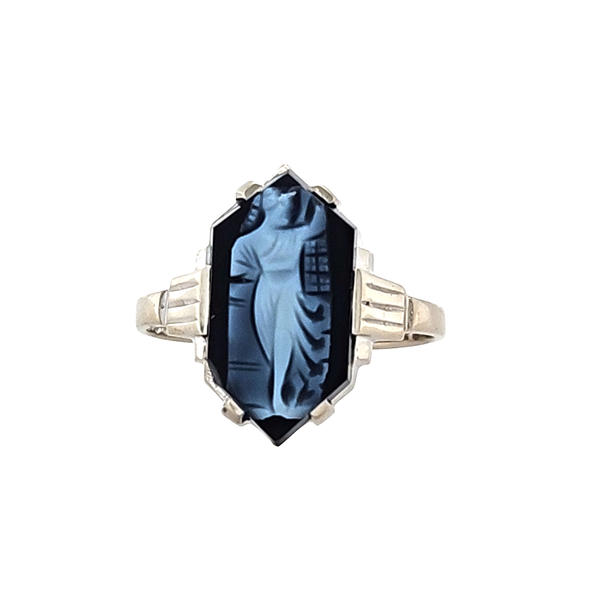 Antique Art Nouveau 10K White Gold Carved Black Onyx Hexagon Ring Classic Creations In Diamonds & Gold Venice, FL