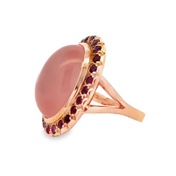 Estate 18K Rose Gold Rose Quartz & Ruby Halo Ring – 30.83 CTW Image 2 Classic Creations In Diamonds & Gold Venice, FL