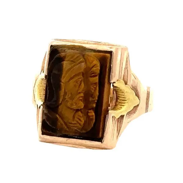 1940's Yellow & Rose Gold Carved Tiger Eye Intaglio Men's Estate Ring Classic Creations In Diamonds & Gold Venice, FL