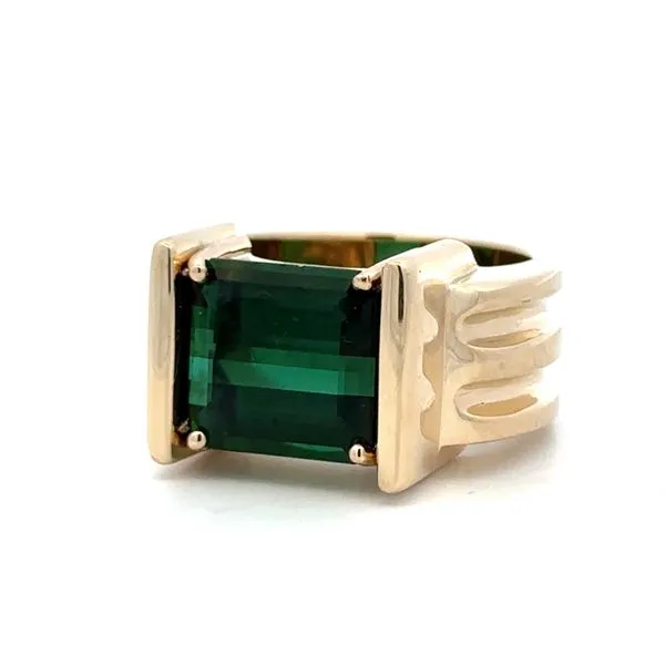 Men's 14K Yellow Gold Designer Nanz Aalund Emerald Cut Green Tourmaline Estate Ring Classic Creations In Diamonds & Gold Venice, FL
