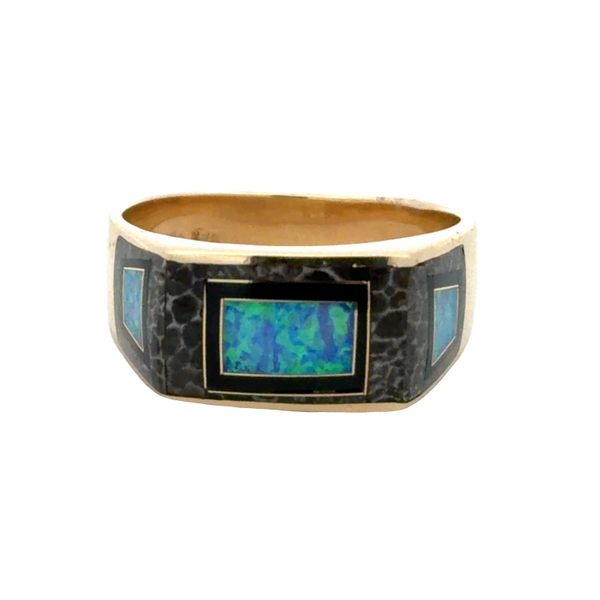 Estate 14K Yellow Gold Inlay Opal, Black Onyx and Agate Ring Image 2 Classic Creations In Diamonds & Gold Venice, FL