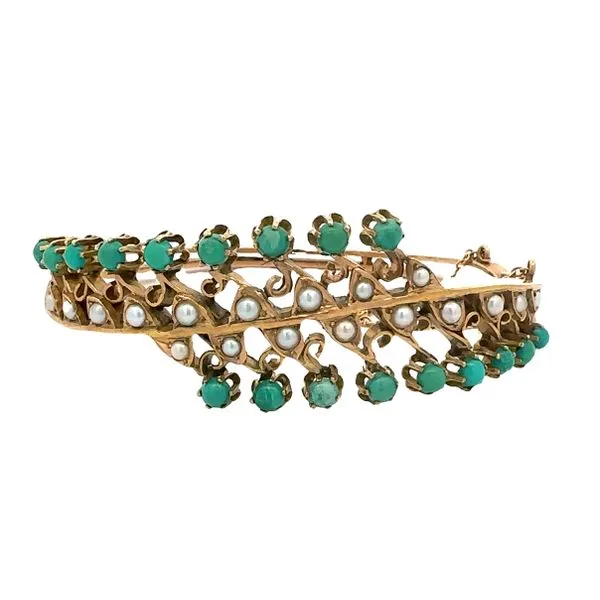 1930's 14K Yellow Gold Turquoise & Seed Pearl Hinged Estate Bangle Bracelet Classic Creations In Diamonds & Gold Venice, FL