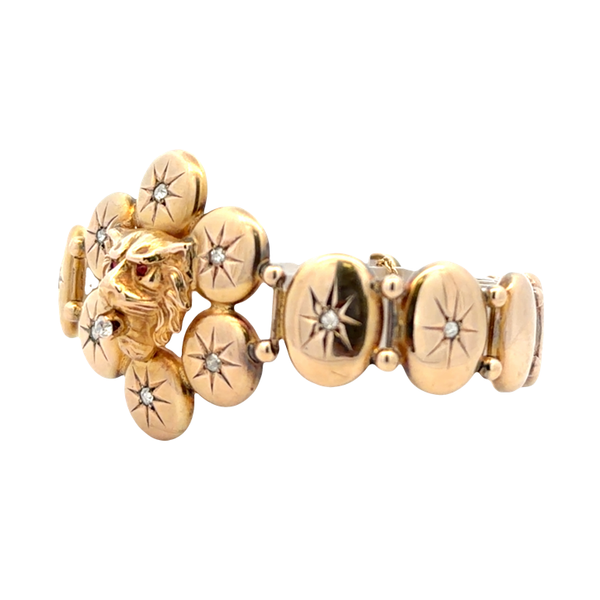 Antique 1930s 9K Yellow Gold Lion Head Mine-Cut Diamond Panel Bracelet – 0.35 CTW Image 2 Classic Creations In Diamonds & Gold Venice, FL