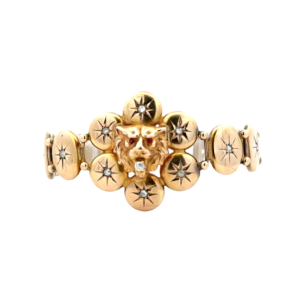 Antique 1930s 9K Yellow Gold Lion Head Mine-Cut Diamond Panel Bracelet – 0.35 CTW Classic Creations In Diamonds & Gold Venice, FL