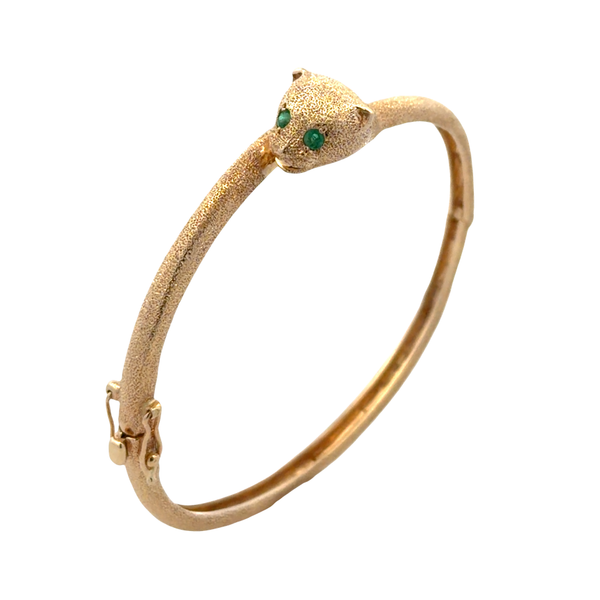 Estate 14K Yellow Gold Cat Bangle Bracelet with Emerald Eyes Classic Creations In Diamonds & Gold Venice, FL