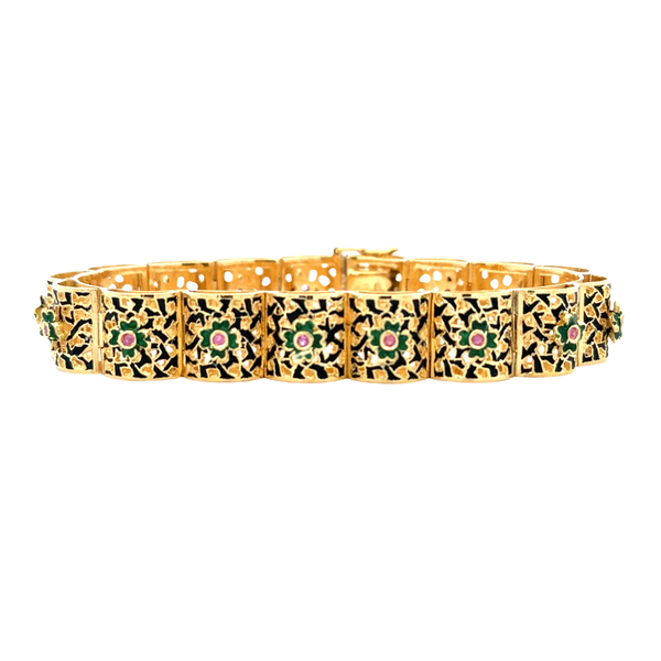 Estate 18K Yellow Gold Ruby and Enamel Floral Panel Bracelet 7 Inch Classic Creations In Diamonds & Gold Venice, FL