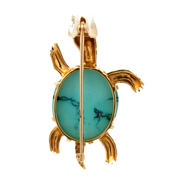 Estate 14K Yellow Gold Turquoise Turtle Brooch with Textured Gold Design Image 3 Classic Creations In Diamonds & Gold Venice, FL