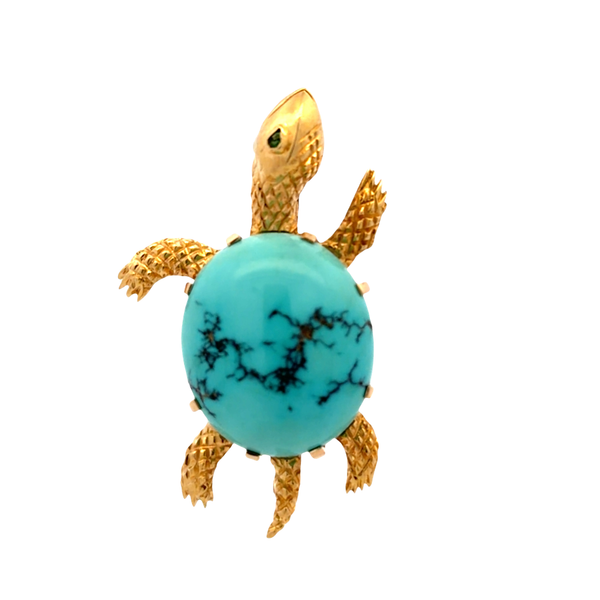 Estate 14K Yellow Gold Turquoise Turtle Brooch with Textured Gold Design Classic Creations In Diamonds & Gold Venice, FL