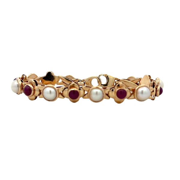 Estate 14K Yellow Gold Ruby and Freshwater Pearl Link Bracelet 7 Inch Classic Creations In Diamonds & Gold Venice, FL