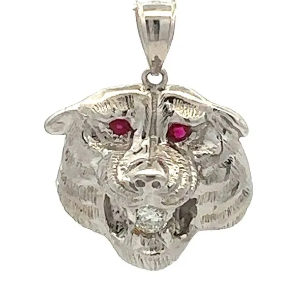 14K White Gold Round Brilliant Cut Diamond Tiger Head  With Ruby Eyes Estate Pendant Classic Creations In Diamonds & Gold Venice, FL