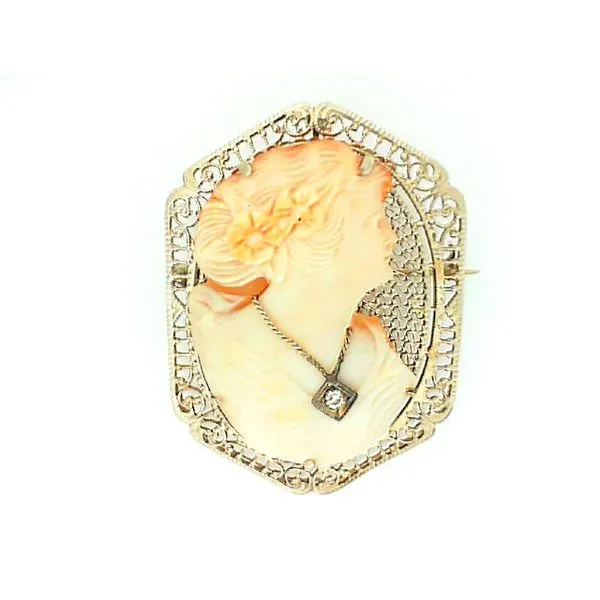 14K White Gold Carved Cameo Filigree Bezel Diamond Necklace On Figure Estate Brooch Classic Creations In Diamonds & Gold Venice, FL