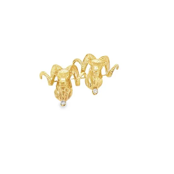 Estate 14K Yellow Gold Double Ram Head With Two Diamonds Brooch Classic Creations In Diamonds & Gold Venice, FL