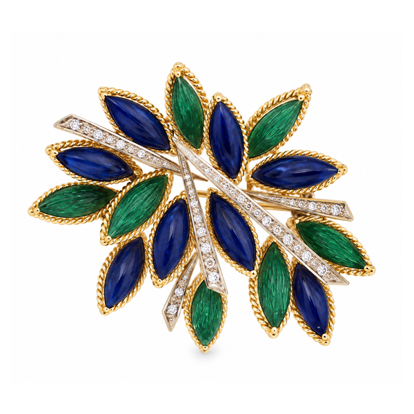 Estate 18K Yellow Gold Green and Blue Enamel Diamond Brooch Classic Creations In Diamonds & Gold Venice, FL