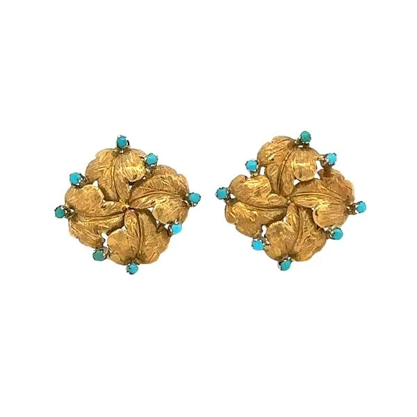 1950's 18K Yellow Gold Leaf Motif With Turquoise Bead Accents Omega Back Estate Earrings Classic Creations In Diamonds & Gold Venice, FL