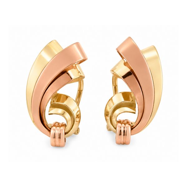 Estate 14K Yellow & Rose Gold Retro Fan Omega Back Earrings | Vintage Fine Jewelry Classic Creations In Diamonds & Gold Venice, FL
