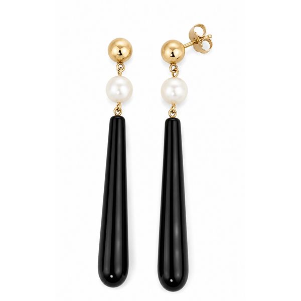 Estate 14K Yellow Gold Pearl & Black Onyx Dangle Earrings Classic Creations In Diamonds & Gold Venice, FL