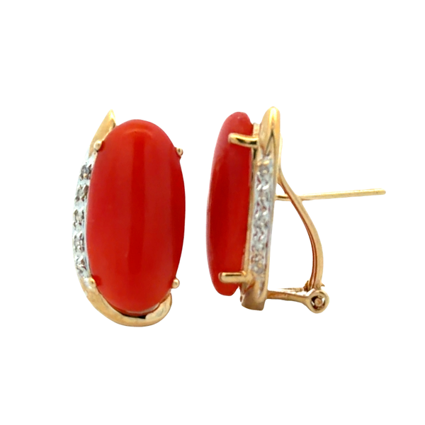 Estate 14K Yellow Gold Red Coral & Diamond Earrings with Omega Backs Image 2 Classic Creations In Diamonds & Gold Venice, FL