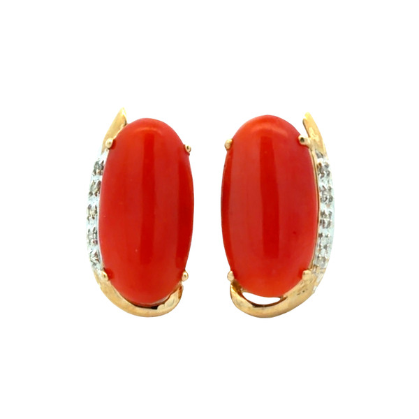 Estate 14K Yellow Gold Red Coral & Diamond Earrings with Omega Backs Classic Creations In Diamonds & Gold Venice, FL