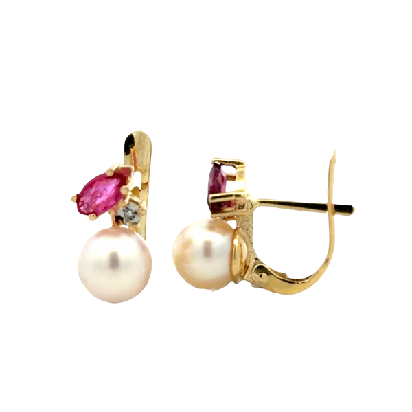 Estate 14K Yellow Gold Akoya Pearl, Ruby & Diamond Leverback Earrings Image 2 Classic Creations In Diamonds & Gold Venice, FL