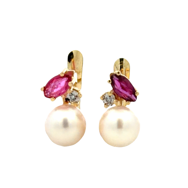 Estate 14K Yellow Gold Akoya Pearl, Ruby & Diamond Leverback Earrings Classic Creations In Diamonds & Gold Venice, FL