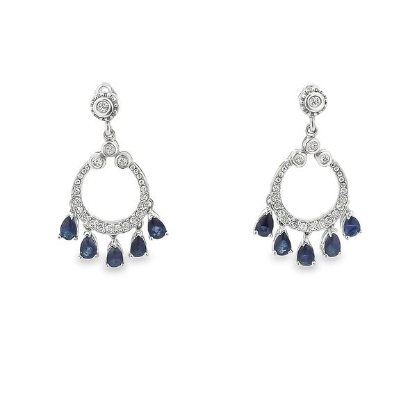 14K White Gold Deep-Blue Sapphire & Diamond Dangle Earrings Classic Creations In Diamonds & Gold Venice, FL