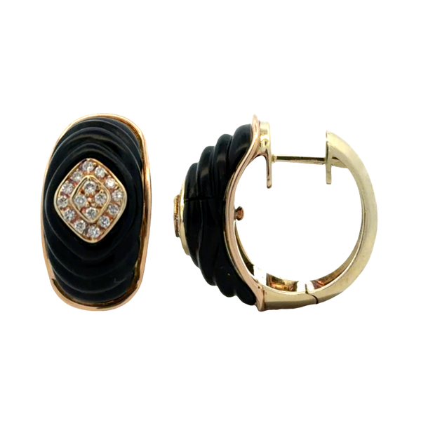 Estate 14K Yellow Gold Black Onyx & Diamond Hinged Hoop Earrings Image 2 Classic Creations In Diamonds & Gold Venice, FL