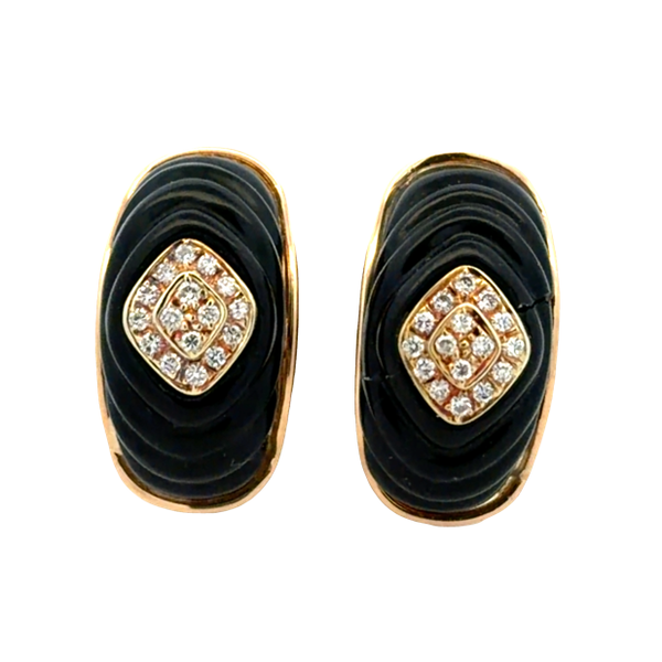 Estate 14K Yellow Gold Black Onyx & Diamond Hinged Hoop Earrings Classic Creations In Diamonds & Gold Venice, FL