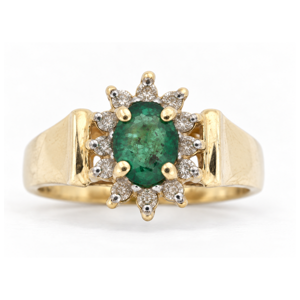 14K Yellow Gold Emerald and Diamond Halo Ring Classic Creations In Diamonds & Gold Venice, FL