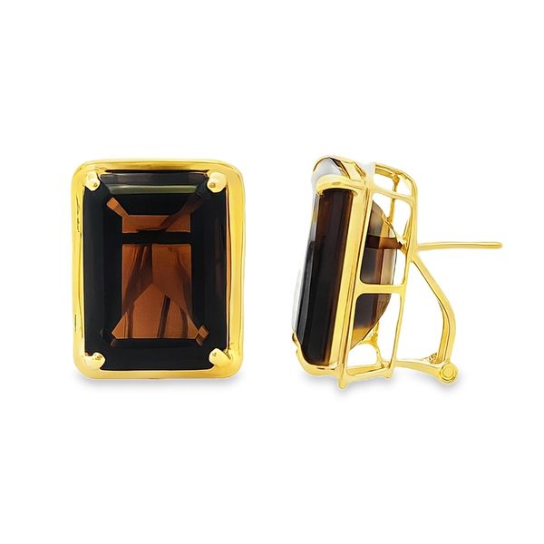 14K Yellow Gold Emerald Cut Smoky Quartz Omega Back Earrings Classic Creations In Diamonds & Gold Venice, FL