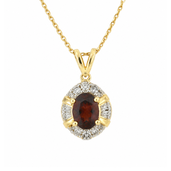 10K Yellow Gold Garnet and Diamond Pendant Necklace with 18 Inch French Rope Chain Classic Creations In Diamonds & Gold Venice, FL