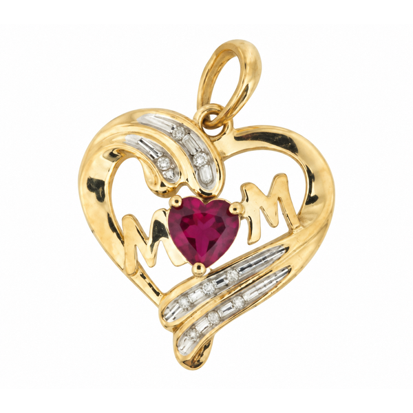 10K Yellow Gold Synthetic Red Gemstone MOM Heart Pendant with Diamonds Classic Creations In Diamonds & Gold Venice, FL