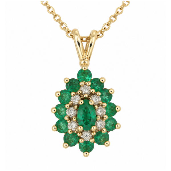 14K Yellow Gold Emerald and Diamond Pendant Necklace with 18 Inch Cable Chain Classic Creations In Diamonds & Gold Venice, FL