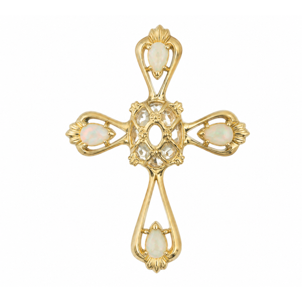 14K Yellow Gold Opal and Cubic Zirconia Cross Pendant Classic Creations In Diamonds & Gold Venice, FL
