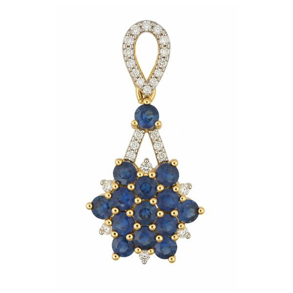 18K Yellow Gold Sapphire and Diamond Cluster Pendant 1.40ct Classic Creations In Diamonds & Gold Venice, FL