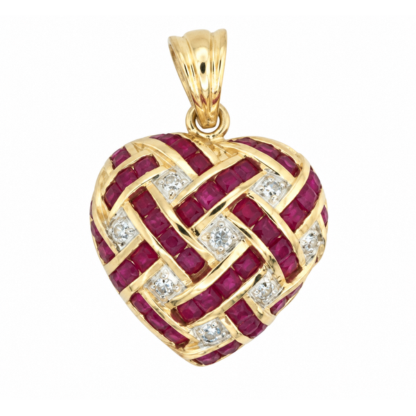 14K Yellow Gold Ruby and Diamond Woven Heart Pendant 1.60ct Classic Creations In Diamonds & Gold Venice, FL