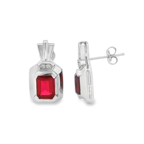14K Yellow Gold Emerald Cut Garnet Drop Earrings with Diamond Accents Classic Creations In Diamonds & Gold Venice, FL