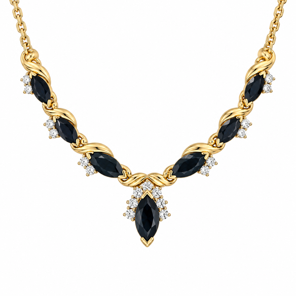 14K Yellow Gold Sapphire and Diamond V Necklace with Bismarck Chain 2.40ct Classic Creations In Diamonds & Gold Venice, FL