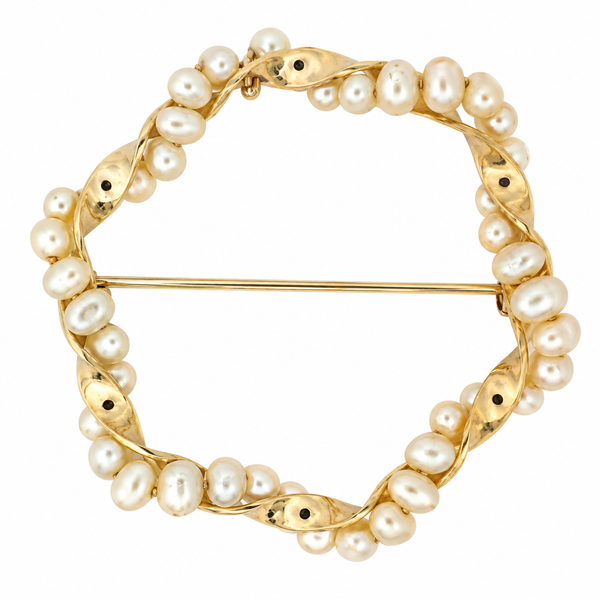 Estate 14K Yellow Gold Pearl Polished Ribbon Brooch Classic Creations In Diamonds & Gold Venice, FL