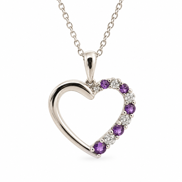 10K White Gold White Sapphire and Amethyst Heart Necklace with French Rope Chain Classic Creations In Diamonds & Gold Venice, FL