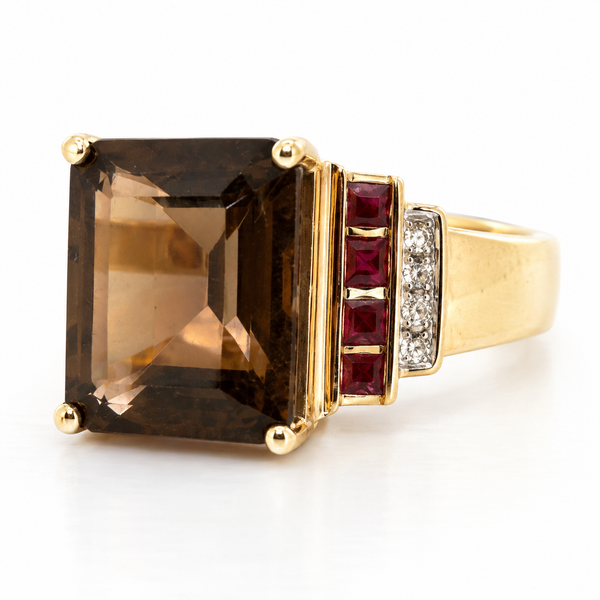 14K Yellow Gold Smoky Topaz Garnet and Diamond Ring Classic Creations In Diamonds & Gold Venice, FL