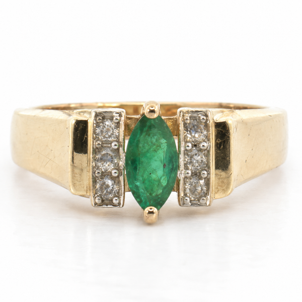 14K Yellow Gold Marquise Emerald and Diamond Cathedral Setting Ring Classic Creations In Diamonds & Gold Venice, FL