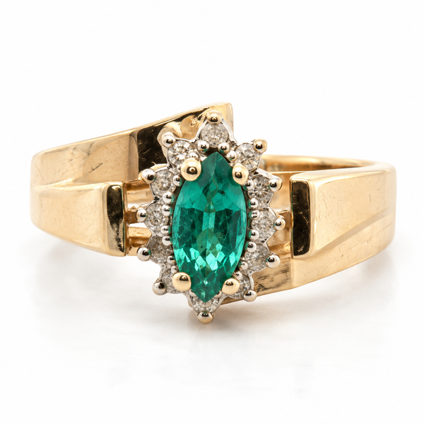 10K Yellow Gold Chatham Lab Grown Emerald and Diamond Halo Cathedral Ring Classic Creations In Diamonds & Gold Venice, FL