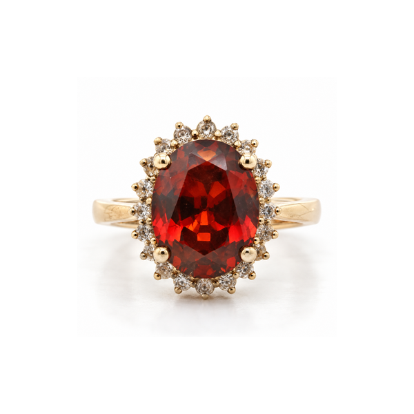 Pre-Owned 14K Yellow Gold Red Cubic Zirconia Halo Ring Classic Creations In Diamonds & Gold Venice, FL