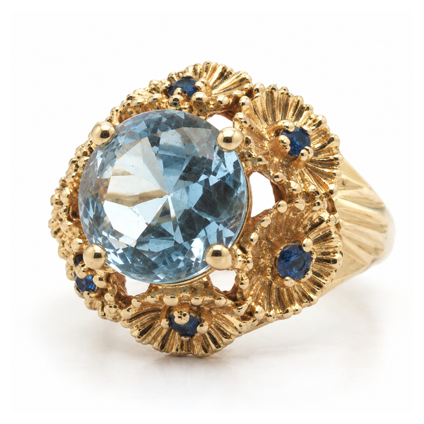 Estate 14K Yellow Gold Synthetic Blue Zircon and Synthetic Sapphire Flower Ring Classic Creations In Diamonds & Gold Venice, FL