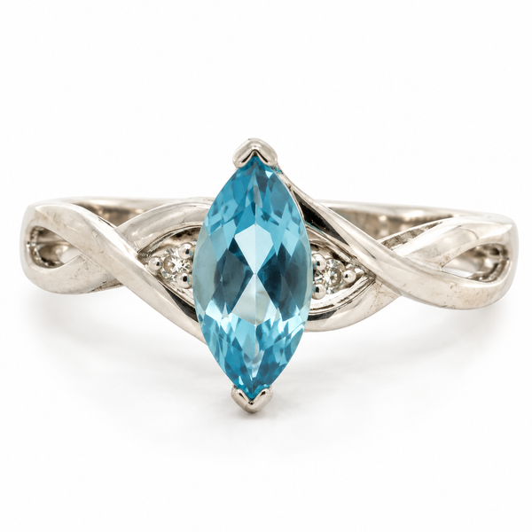 10K White Gold Marquise Blue Topaz and Diamond Ring 8x4mm Classic Creations In Diamonds & Gold Venice, FL