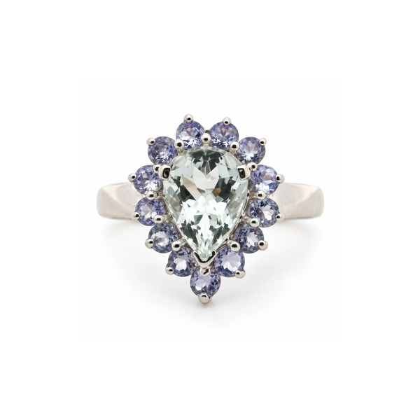 10K White Gold Aquamarine and Tanzanite Halo Ring 1.17ct Aquamarine 1.00ct Tanzanite Classic Creations In Diamonds & Gold Venice, FL
